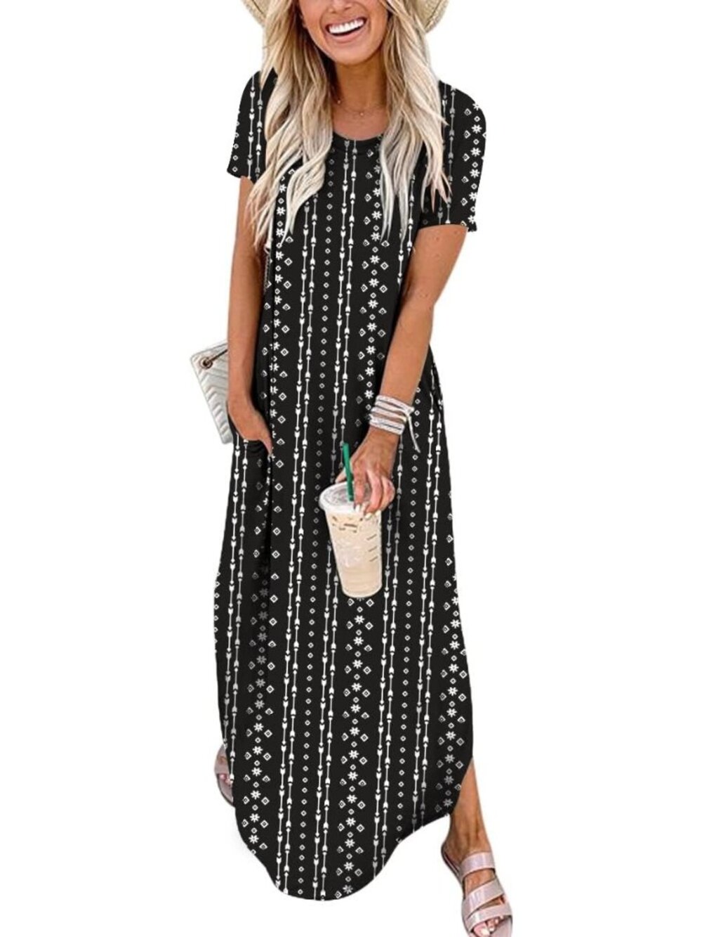 Women's Boho Black Summer Maxi Dress Short Sleeve Casual Long T Shirt Dress